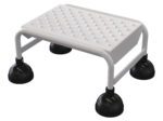 A white, textured rectangular step stool with black rounded suction cup feet resembles the sleek design of the Vestil Spring Loaded Roll Ladder Perf 1 Stp Wht.