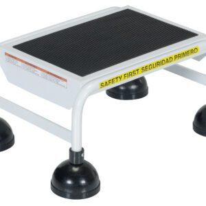 A white elevated platform like the Vestil Spring Loaded Roll Ladder 1 Step White, with a black non-slip top and four wide rubber-capped legs. It has a yellow SAFETY FIRST SEGURIDAD PRIMERO warning on the side.
