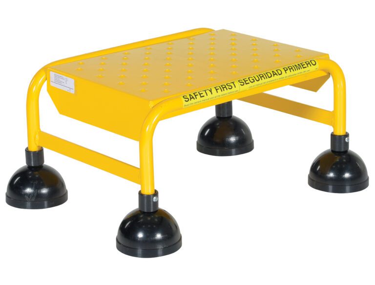 LAD-1-Y-P_A.jpg A yellow safety step stool features four large black suction cup feet and textured platform dots for grip, with Safety First Seguridad Primero on the side, inspired by the Vestil Spring Loaded Roll Ladder Perf 1 Stp Yel for enhanced stability and slip prevention.