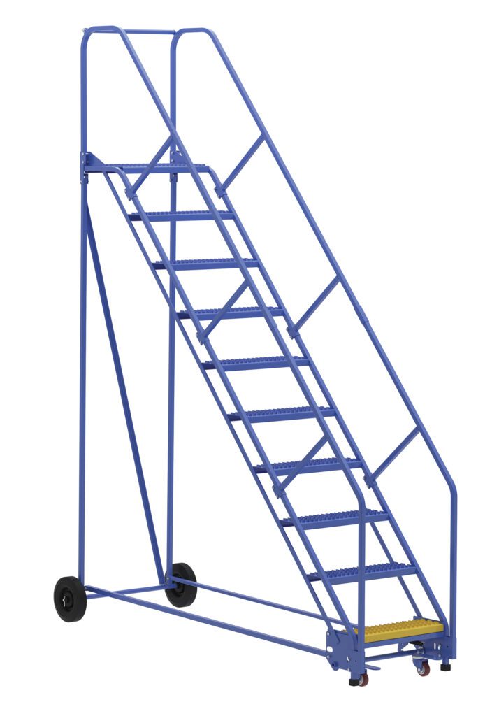 LAD-10-14-G-EZ_A.jpg The Vestil Warehouse Ladder 50 Deg Grip 10 Stp 14In includes a sturdy metal frame, handrails on both sides, and wheels for mobility. Its ten steps and efficient design enhance any workspace.