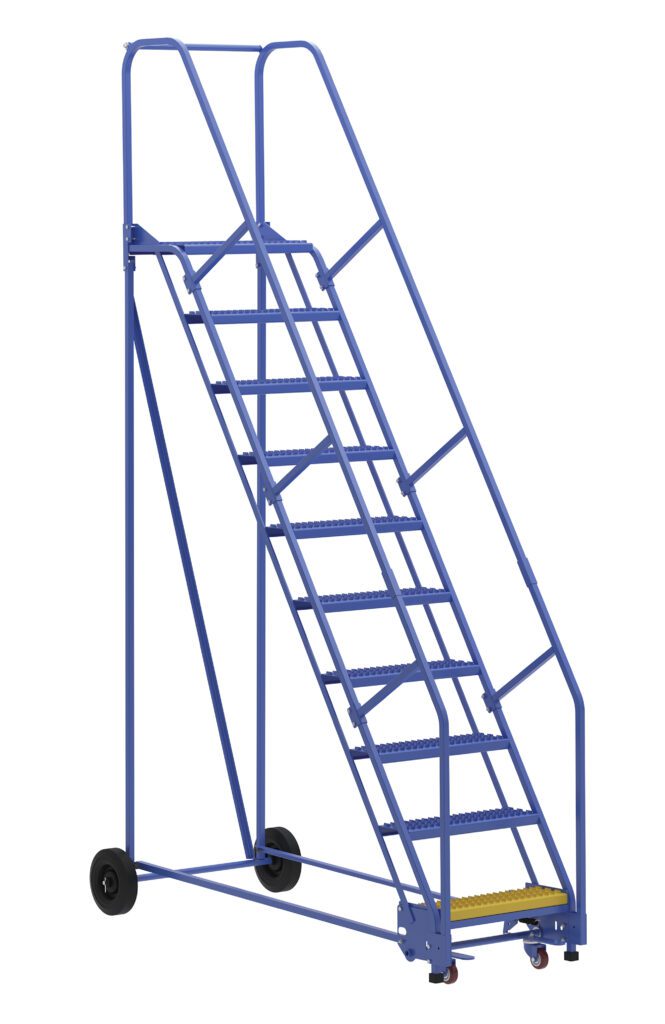 The Vestil Warehouse Ladder 58 Deg Grip 10 Stp 14In offers secure climbing with ten steps and a distinct yellow top step. Its blue design includes wheels and handrails for visibility, mobility, and safety in industrial environments.