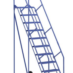 The Vestil Warehouse Ladder 58 Deg Grip 10 Stp 14In offers secure climbing with ten steps and a distinct yellow top step. Its blue design includes wheels and handrails for visibility, mobility, and safety in industrial environments.