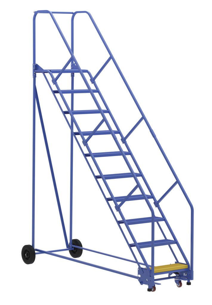 The Vestil Warehouse Ladder 50 Deg Perf 10 Stp 14In features a blue metal frame, handrails, and a yellow top step. Designed for industrial use, it includes wheels for mobility and ten sturdy steps for easy access.