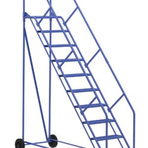 The Vestil Warehouse Ladder 50 Deg Perf 10 Stp 14In features a blue metal frame, handrails, and a yellow top step. Designed for industrial use, it includes wheels for mobility and ten sturdy steps for easy access.