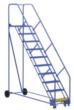 The Vestil Warehouse Ladder 50 Deg Grip 10 Stp 21In boasts a robust blue build with metal steps and safety rails, featuring a 50-degree grip and two wheels for easy mobility. Its 10-step height allows for accessing high shelves, perfect for industrial applications.