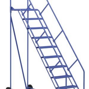 The Vestil Warehouse Ladder 50 Deg Grip 10 Stp 21In boasts a robust blue build with metal steps and safety rails, featuring a 50-degree grip and two wheels for easy mobility. Its 10-step height allows for accessing high shelves, perfect for industrial applications.