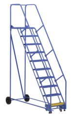 The Vestil Warehouse Ladder 58 Deg Grip 10 Stp 21In features a blue design with a 58-degree incline, 10 sturdy steps including a yellow bottom step, wheels for mobility, and handrails on both sides leading to a secure platform for safe access in busy environments.