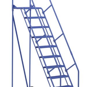 The Vestil Warehouse Ladder 58 Deg Grip 10 Stp 21In features a blue design with a 58-degree incline, 10 sturdy steps including a yellow bottom step, wheels for mobility, and handrails on both sides leading to a secure platform for safe access in busy environments.