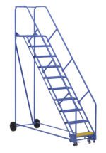 The Vestil Warehouse Ladder 50 Deg Perf 10 Stp 21In has a blue metal frame, 50-degree angled steps, and sturdy handrails. This ladder includes wheels for mobility and durable support bars.