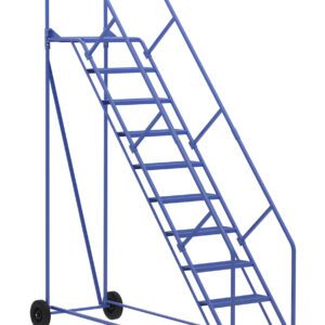 The Vestil Warehouse Ladder 50 Deg Perf 10 Stp 21In has a blue metal frame, 50-degree angled steps, and sturdy handrails. This ladder includes wheels for mobility and durable support bars.