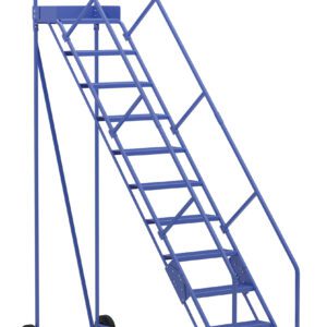 The Vestil Warehouse Ladder 50 Deg Perf 11 Stp 14In is a sturdy blue industrial rolling ladder with a 50-degree incline, eleven perforated steps, secure side railings, a stable top platform, and wheels for easy mobility in warehouse or maintenance tasks.