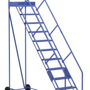 The Vestil Warehouse Ladder 50 Deg Perf features eleven steps, sturdy handrails, and wheels for mobility. It has a blue design with a yellow anti-slip bottom step.