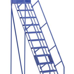 The Vestil Warehouse Ladder 58 Deg Grip 12 Stp 14In provides stability and ease of use with its robust frame, perforated metal steps, safety handrails, and wheels for effortless mobility.