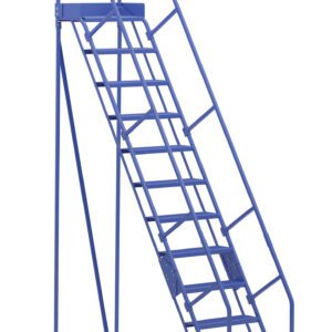 The Vestil Warehouse Ladder 58 Deg Perf 12 Stp 14In features a blue metal design with handrails, 12 non-slip steps, and a secure platform. With its wheels at the base, it offers easy mobility and is ideal for safe access in various settings.