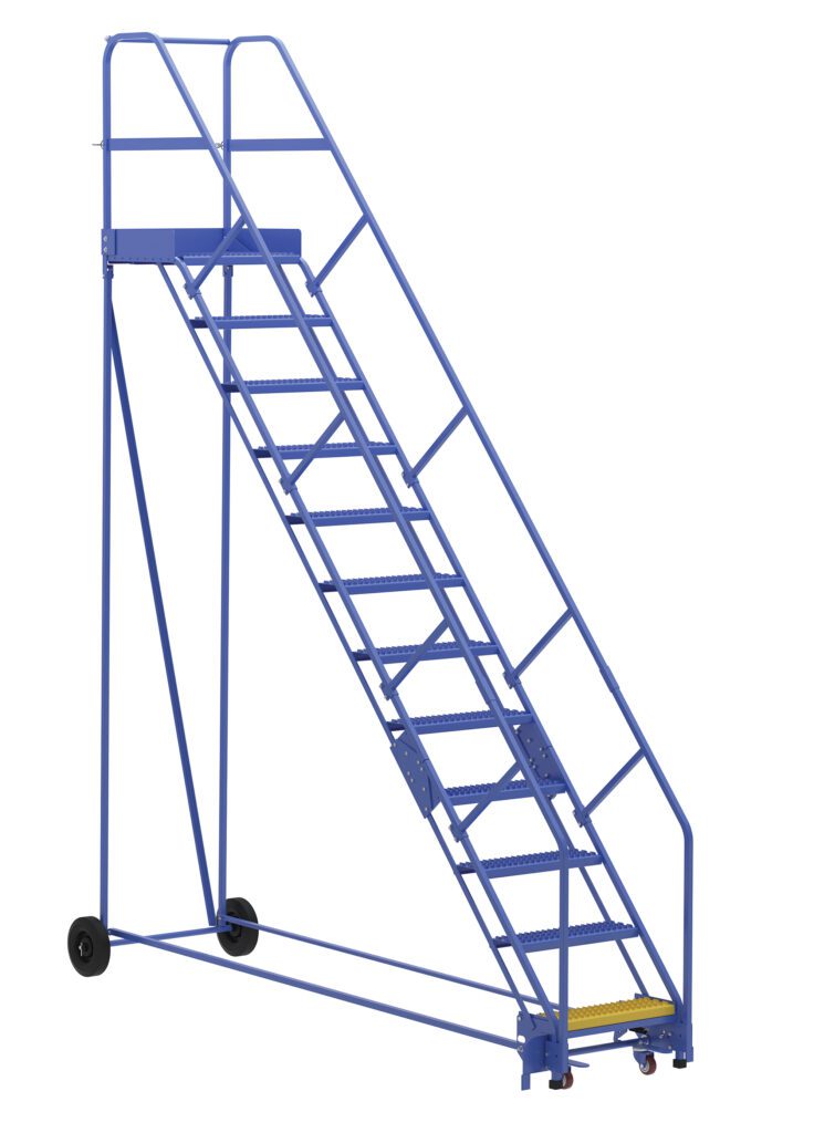 LAD-12-21-G-EZ.jpg The Vestil Warehouse Ladder 50 Deg Grip 12 Stp 21In, featuring a blue metal frame, handrails, and wheels, offers a sturdy solution for safe access to high areas with its 50-degree grip and 21-inch wide steps, ensuring stability in busy settings.