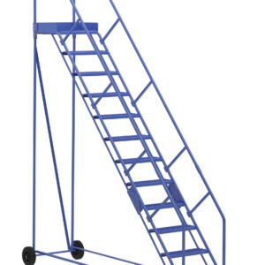 The Vestil Warehouse Ladder 50 Deg Grip 12 Stp 21In, featuring a blue metal frame, handrails, and wheels, offers a sturdy solution for safe access to high areas with its 50-degree grip and 21-inch wide steps, ensuring stability in busy settings.