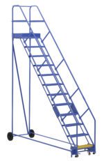The Vestil Warehouse Ladder 50 Deg Perf 12 Stp 21In includes a tall blue frame, wheels for mobility, and has a yellow-accented top step. It features a 50-degree incline with handrails for safety, adding functionality with its 12 steps spaced at a 21-inch span.