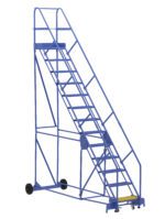 The Vestil Warehouse Ladder 50 Deg Perf 13 Stp 14In is a blue industrial rolling ladder with a 50-degree angle, featuring handrails, rubber wheels, and 13 perforated steps. Perfect for accessing high shelves safely, its robust design ensures reliability in any workspace.