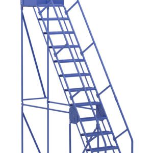 The Vestil Warehouse Ladder 58 Deg Grip 13 Stp 21In is a blue, rolling, and angled ladder with handrails and wheels. It has 13 metal steps at a 58-degree angle for easy access to high areas in industrial spaces, guaranteeing stability and efficiency ideal for warehouse use.