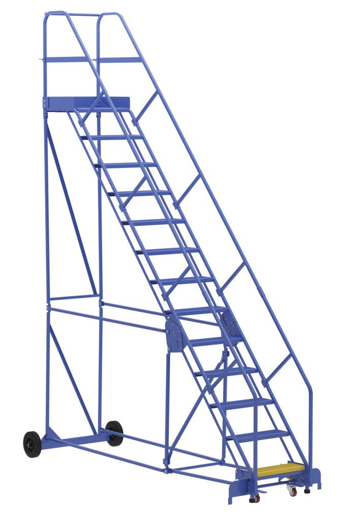 LAD-13-21-P-EZ.jpg The Vestil Warehouse Ladder 50 Deg Perf 13 Stp 21In offers a 50-degree angle with 13 sturdy steps, a yellow-highlighted bottom step, dual handrails, and wheels for easy mobility, making it perfect for workspaces needing a reliable mobile staircase.