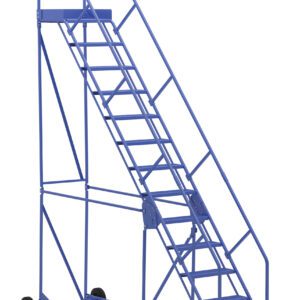 The Vestil Warehouse Ladder 50 Deg Perf 13 Stp 21In offers a 50-degree angle with 13 sturdy steps, a yellow-highlighted bottom step, dual handrails, and wheels for easy mobility, making it perfect for workspaces needing a reliable mobile staircase.