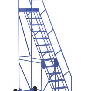 The Vestil Warehouse Ladder 58 Deg Perf 13 Stp 21In features a sleek blue metal design with a 58-degree incline, 13 perforated steps, mobility wheels, and a top safety guard for secure use in any setting.