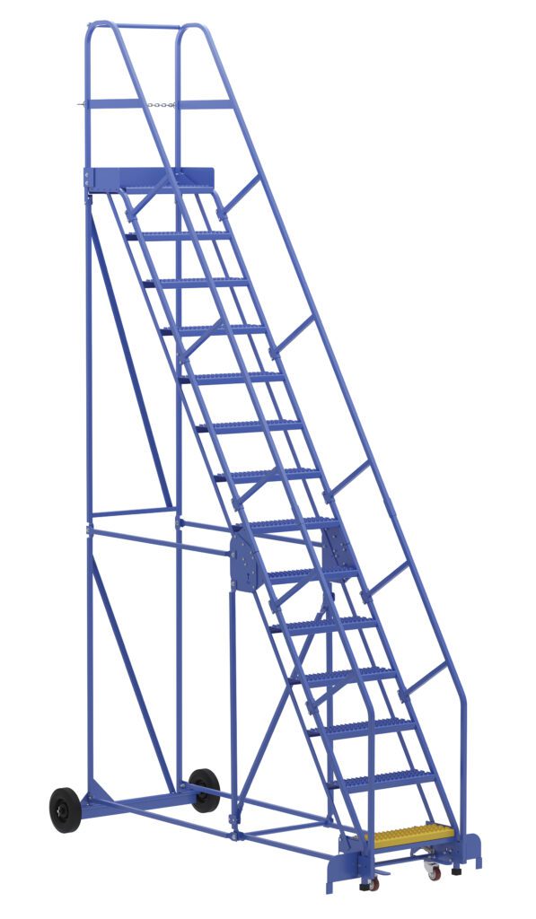 The Vestil Warehouse Ladder 58 Deg Grip 14 Stp 14In features angled safety rails, wheels for easy mobility, stabilizing bars, and a secure grip. With 14 steps leading to a platform, its ideal for industrial or warehouse use and is designed to last.