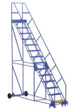 Introducing the Vestil Warehouse Ladder 50 Deg Grip 14 Stp 14In: a blue rolling ladder with metal steps and side safety handrails, designed at a 50-degree angle for secure elevated access. Its wheels and small handle ensure easy mobility anywhere.