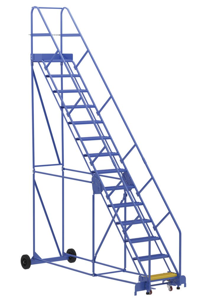 LAD-14-14-G-EZ.jpg Introducing the Vestil Warehouse Ladder 50 Deg Grip 14 Stp 14In: a blue rolling ladder with metal steps and side safety handrails, designed at a 50-degree angle for secure elevated access. Its wheels and small handle ensure easy mobility anywhere.