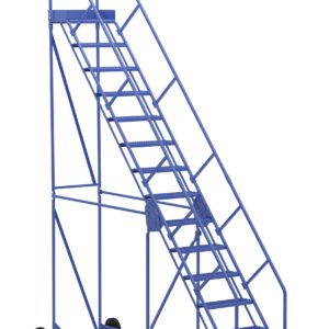 Introducing the Vestil Warehouse Ladder 50 Deg Grip 14 Stp 14In: a blue rolling ladder with metal steps and side safety handrails, designed at a 50-degree angle for secure elevated access. Its wheels and small handle ensure easy mobility anywhere.