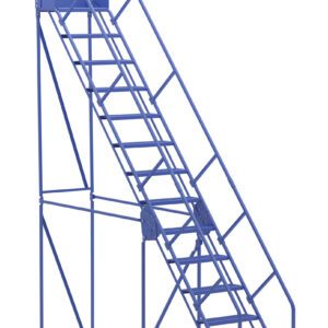 Introducing the Vestil Warehouse Ladder 50 Deg Perf 14 Stp 14In, featuring a blue design with safety handrails, non-slip steps, and wheels for easy mobility. Its stabilizing structure ensures support, all set against a plain white background for exceptional reliability.
