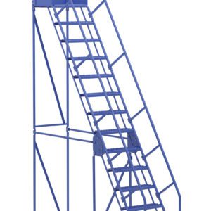 The Vestil Warehouse Ladder 58 Deg Grip 14 Stp 21In is blue, industrially designed, and features a 58-degree angle with 14 steps. It includes safety rails, a 21-inch grip, and two wheels for easy movement, making it ideal for stable access in warehouses.