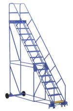 The Vestil Warehouse Ladder 50 Deg Perf 14 Stp 21In, in blue with a yellow base step, offers a 50-degree incline, wheels for easy movement, and safety guardrails. Ideal for reaching high areas in warehouses.