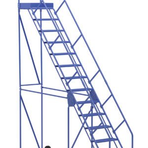 The Vestil Warehouse Ladder 50 Deg Perf 14 Stp 21In, in blue with a yellow base step, offers a 50-degree incline, wheels for easy movement, and safety guardrails. Ideal for reaching high areas in warehouses.