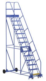 The Vestil Warehouse Ladder 58 Deg Perf 14 Stp 21In, a blue metal ladder with railing and wheeled support, features a 58-degree angle and 14 sturdy steps ideal for industrial settings. It stands out against a white background, ensuring safety and convenience.