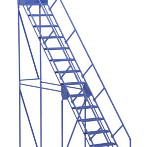 The Vestil Warehouse Ladder 50 Deg Grip 15 Stp 14In features 15 non-slip steps with a 50-degree incline, handrails, and a top platform. It rolls smoothly on wheels while stability bars offer firm support, making it ideal for any industrial environment.