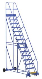 The Vestil Warehouse Ladder 58 Deg Grip 15 Stp 14In is a tall, blue metal rolling ladder with handrails and small wheels for mobility. It features 15 sturdy steps, each 14 inches wide, designed at a 58-degree angle for enhanced safety and stability in industrial or warehouse settings.