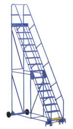 The Vestil Warehouse Ladder 58 Deg Perf 15 Stp 14In comes in blue and features safety rails, a 58-degree angle, and 15 steps. An anti-slip surface with yellow caution markings enhances security, while wheels ensure easy movement in any workspace.