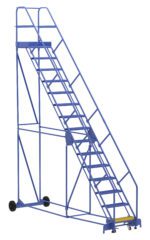 The blue Vestil Warehouse Ladder 50 Deg Grip 15 Stp 21In is a metal rolling ladder with wheels, featuring a 50-degree angle and grip. It has 15 steps that lead to a platform with guardrails, making it ideal for safe industrial access to high shelves or storage areas.