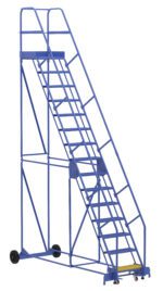 The Vestil Warehouse Ladder 58 Deg Perf 15 Stp 21In is a sleek blue ladder with a handrail, designed at a 58-degree angle. It features 15 steps leading to a 21-inch platform and has a sturdy metal frame with wheels for easy mobility in your workspace.