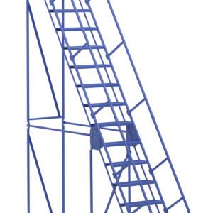 The Vestil Warehouse Ladder 58 Deg Perf 15 Stp 21In is a sleek blue ladder with a handrail, designed at a 58-degree angle. It features 15 steps leading to a 21-inch platform and has a sturdy metal frame with wheels for easy mobility in your workspace.