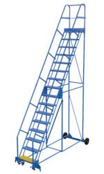 The Vestil Warehouse Ladder 58 Deg Grip 16 Stp 14In offers a 58-degree incline, blue safety rails, and perforated metal steps. It features yellow nonslip sections at the bottom and wheels for easy mobility, making it ideal for high spaces.
