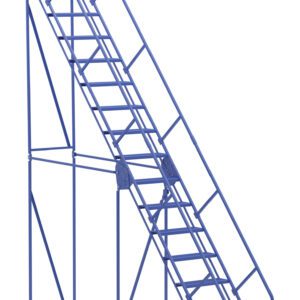 The Vestil Warehouse Ladder is a blue, portable metal ladder with wheels ideal for industrial use. It has a sturdy frame with a handrail and top platform, ensuring safety and convenience.