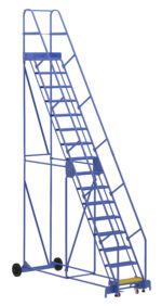 The Vestil Warehouse Ladder 58 Deg Perf 16 Stp 10In is a blue rolling ladder with handrails and wheels. Its sturdy design features a 58-degree angle and 16 steps with a 10-inch depth, ideal for easy movement and accessing high areas in industrial settings.