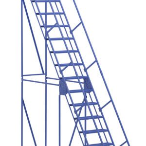 The Vestil Warehouse Ladder 58 Deg Perf 16 Stp 10In is a blue rolling ladder with handrails and wheels. Its sturdy design features a 58-degree angle and 16 steps with a 10-inch depth, ideal for easy movement and accessing high areas in industrial settings.