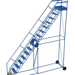 The Vestil Warehouse Ladder 50 Deg Grip 16 Stp 21In offers a blue metal design with wheels for easy mobility, 50-degree grip, step ladder style with railings, 21-inch wide steps, and a platform—ideal for industrial or warehouse access to higher areas.