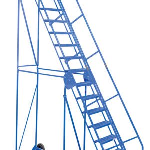 The Vestil Warehouse Ladder 58 Deg Grip 16 Stp 21In ensures secure ascent with grip-designed steps on its 58-degree incline. The blue metal ladder features sturdy railings, a convenient platform, two rear wheels for easy mobility, and a yellow safety step for added stability.