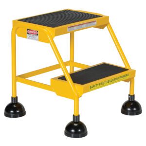 The Vestil Spring Loaded Roll Ladder 2 Step Yellow is designed for stability with black rubber-tipped legs, has black anti-slip steps, and includes safety warnings and Safety First messaging to prioritize user protection.