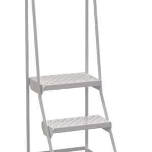 The Vestil Spring Loaded Roll Ladder Perf 3 Stp Wht features a sleek white folding design, three textured steps for safe footing, and a slim frame with four black rubber-capped feet for stability and safety.