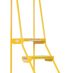 The Vestil Spring Loaded Roll Ladder Perf 3 Stp Yel includes a durable metal design with two steps, handrail, and four black rubber wheels for stability. Safety warnings are clearly displayed in both English and Spanish on the front step.